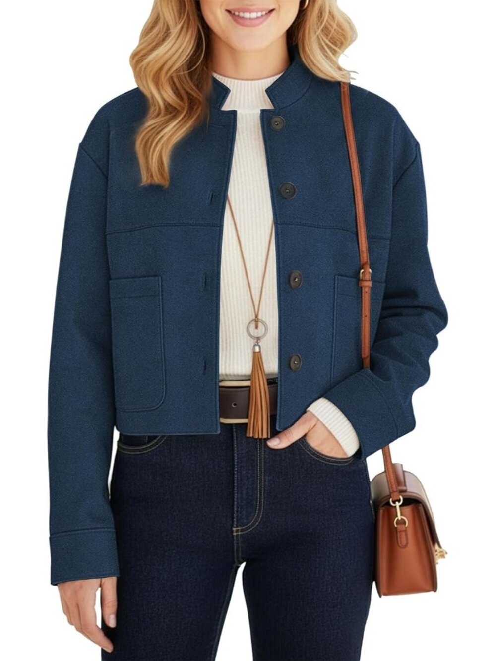 Women's Navy Chic Faux Suede Oversized Button-Down Cropped Motorcycle Jackets